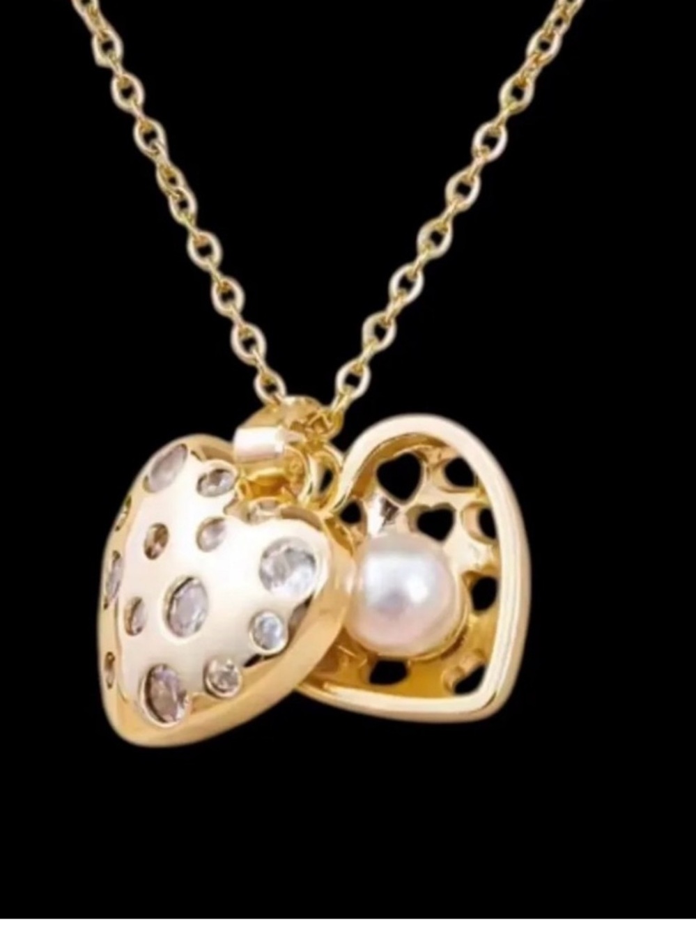 Heart Locket & Faux Pearl Necklace 18K Gold Overlay